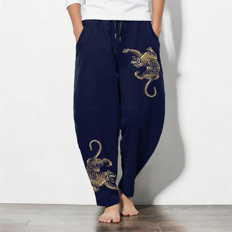 Buddha Stones Spodnie męskie zwężane, z czystej bawełny, ze wzorem złotego tygrysa, ze ściągaczem i kieszeniami - MidnightBlue - US/UK/AU50, EU60 (5XL) - image 7