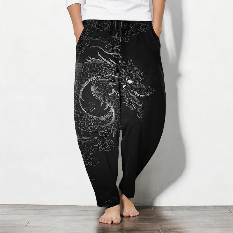 Buddha Stones Spodnie męskie zwężane z czystej bawełny ze wzorem Dragon Line Art, ściągaczem i kieszeniami - Czarny - US/UK/AU50, EU60 (5XL) - image 0