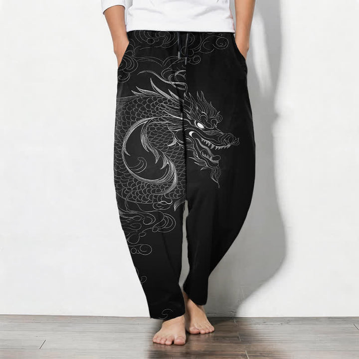 Buddha Stones Spodnie męskie zwężane z czystej bawełny ze wzorem Dragon Line Art, ściągaczem i kieszeniami - Czarny - US/UK/AU50, EU60 (5XL) - image 0