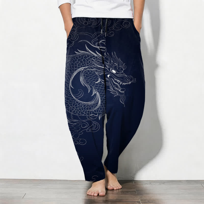 Buddha Stones Spodnie męskie zwężane z czystej bawełny ze wzorem Dragon Line Art, ściągaczem i kieszeniami - Marynarka wojenna - US/UK/AU50, EU60 (5XL) - image 7