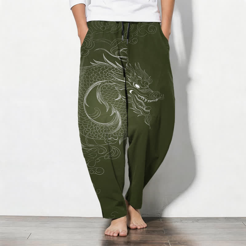 Buddha Stones Spodnie męskie zwężane z czystej bawełny ze wzorem Dragon Line Art, ściągaczem i kieszeniami - DarkOliveGreen - US/UK/AU50, EU60 (5XL) - image 11