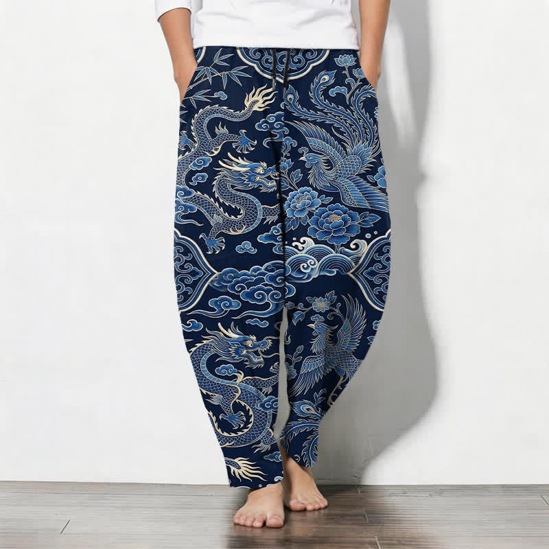 Buddha Stones Spodnie męskie zwężane z czystej bawełny, z wzorem chmurki smoka i sznurkiem, z kieszeniami - Marynarka wojenna - US/UK/AU50, EU60 (5XL) - image 0