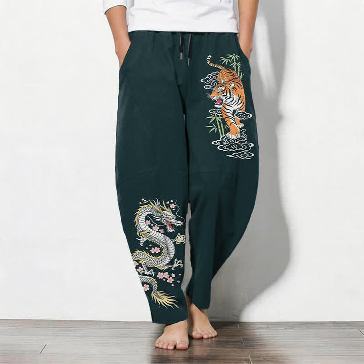 Buddha Stones Spodnie męskie zwężane, z czystej bawełny, ze wzorem tygrysa i smoka, ze ściągaczem i kieszeniami - DarkSlateGray - US/UK/AU50, EU60 (5XL) - image 11