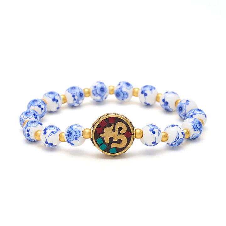 Buddha Stones Bransoletka z koralików OM Compassion z niebieskiej i białej porcelany z miedzi - image 9