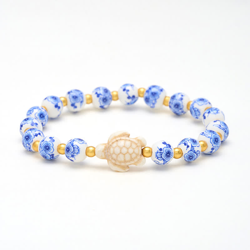 Buddha Stones Bransoletka z żółwiem porcelanowym w kolorze niebiesko-białym, symbolizująca czystość i długowieczność - Żółw (Mądrość ♥ Wytrzymałość) - image 0