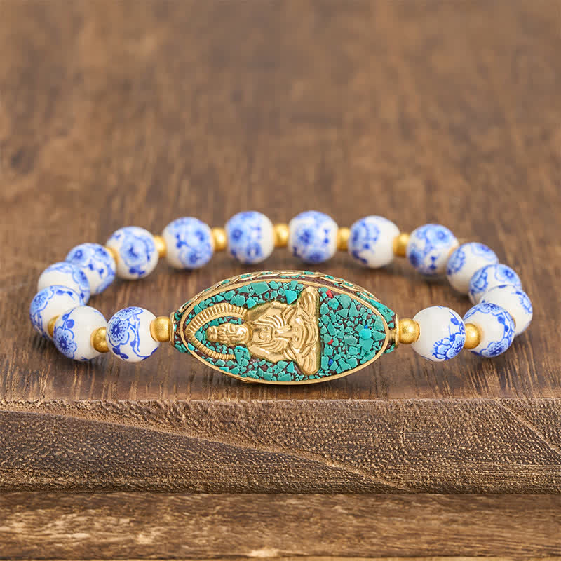 Buddha Stones Bransoletka z okrągłych koralików z białej porcelany Budda w kolorze niebieskim i kwiatowym - Biała porcelana (czystość ♥ elegancja) - image 0