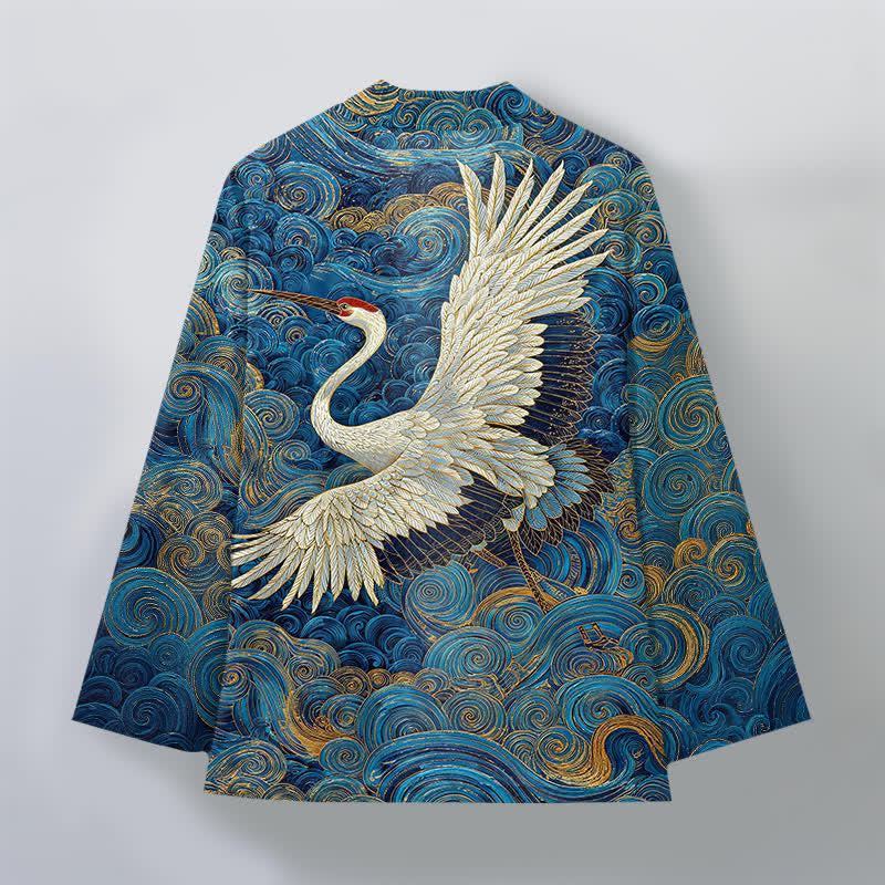 Buddha Stones Męskie kimono z odkrytym przodem i wzorem „Bawełniany żuraw” z falami - image 2