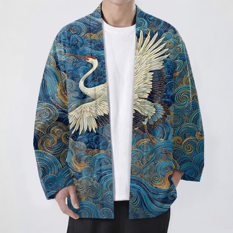 Buddha Stones Męskie kimono z odkrytym przodem i wzorem „Bawełniany żuraw” z falami - RoyalBlue - US/UK/AU48， EU58 (4XL) - image 0