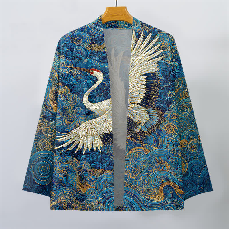 Buddha Stones Męskie kimono z odkrytym przodem i wzorem „Bawełniany żuraw” z falami - image 1