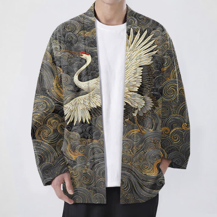 Buddha Stones Męskie kimono z odkrytym przodem i wzorem „Bawełniany żuraw” z falami - Ciemnoszary - US/UK/AU48， EU58 (4XL) - image 6