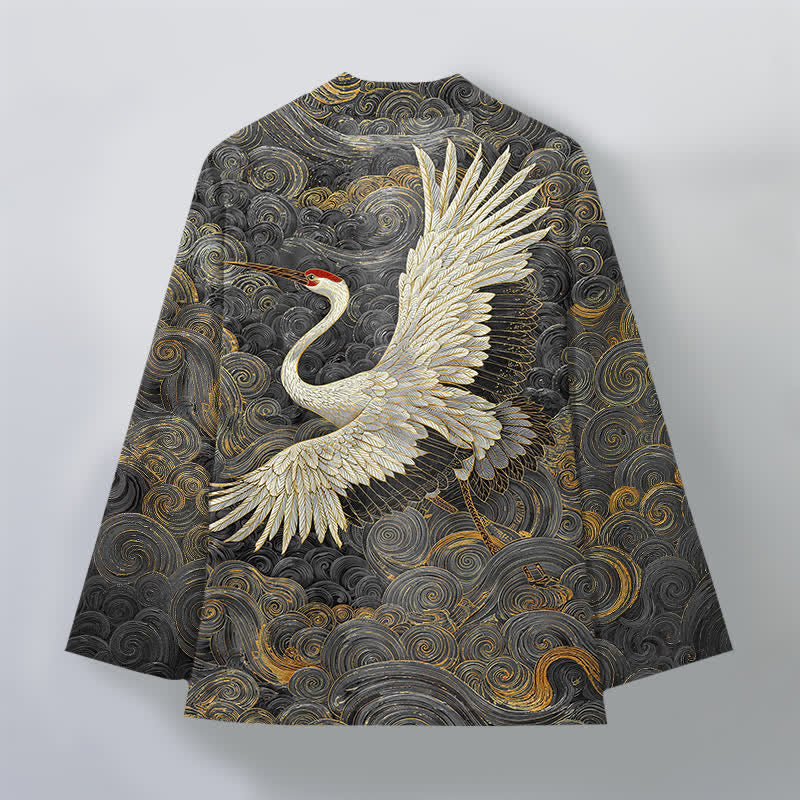 Buddha Stones Męskie kimono z odkrytym przodem i wzorem „Bawełniany żuraw” z falami - image 8