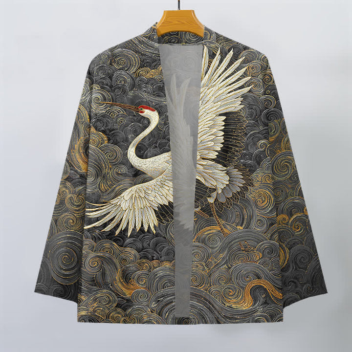 Buddha Stones Męskie kimono z odkrytym przodem i wzorem „Bawełniany żuraw” z falami - image 7