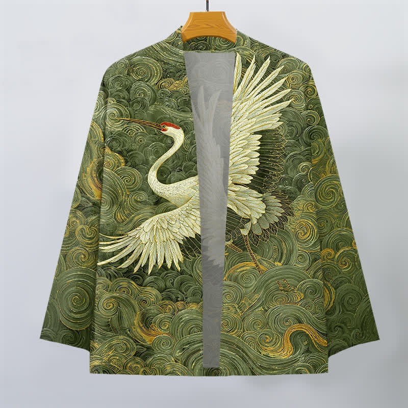 Buddha Stones Męskie kimono z odkrytym przodem i wzorem „Bawełniany żuraw” z falami - image 10