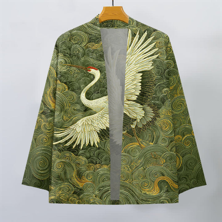 Buddha Stones Męskie kimono z odkrytym przodem i wzorem „Bawełniany żuraw” z falami - image 10
