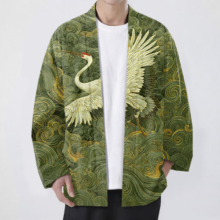 Buddha Stones Męskie kimono z odkrytym przodem i wzorem „Bawełniany żuraw” z falami - Oliwkowy - US/UK/AU48， EU58 (4XL) - image 9
