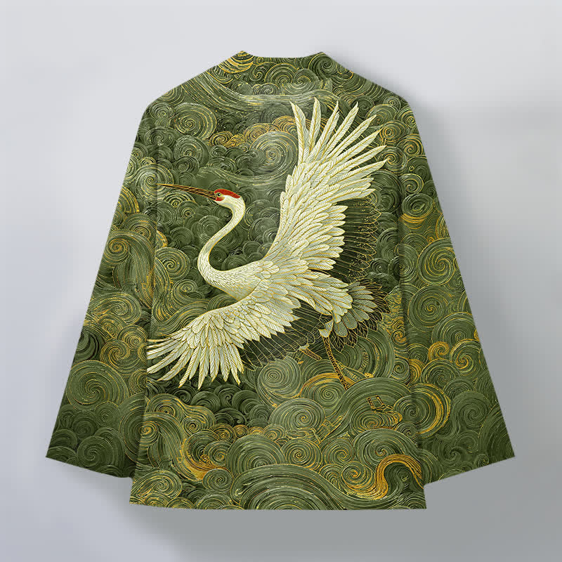 Buddha Stones Męskie kimono z odkrytym przodem i wzorem „Bawełniany żuraw” z falami - image 11