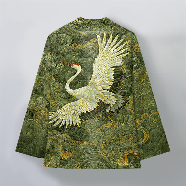 Buddha Stones Męskie kimono z odkrytym przodem i wzorem „Bawełniany żuraw” z falami - image 11