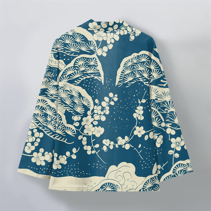 Buddha Stones Męskie kimono z bawełny z wzorem sosny i śliwki z otwartym przodem - image 2