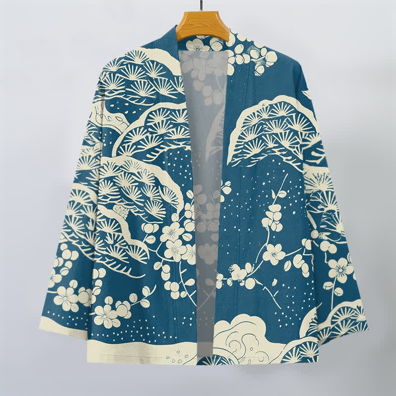 Buddha Stones Męskie kimono z bawełny z wzorem sosny i śliwki z otwartym przodem - image 1