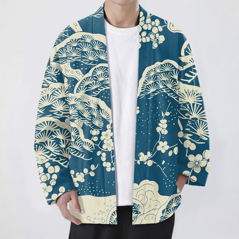 Buddha Stones Męskie kimono z bawełny z wzorem sosny i śliwki z otwartym przodem - Cyraneczka - US/UK/AU48， EU58 (4XL) - image 0