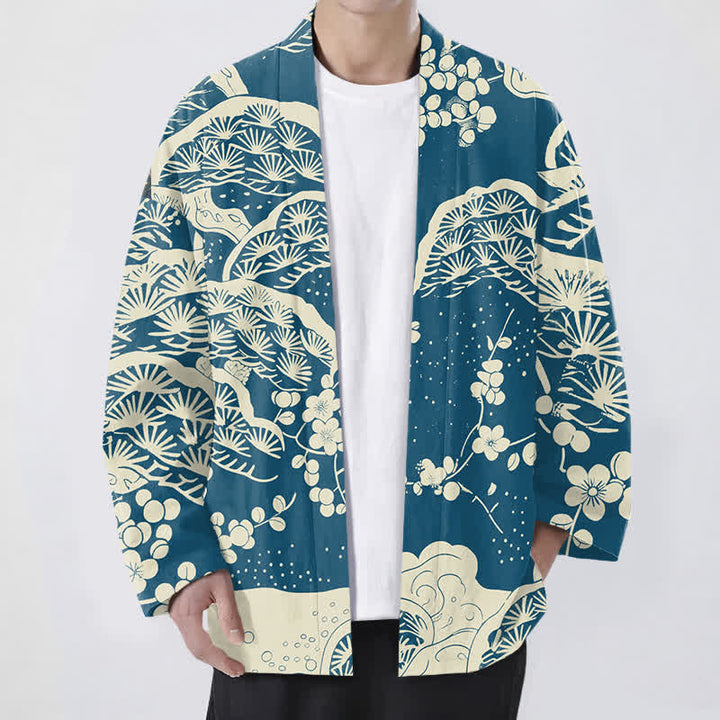 Buddha Stones Męskie kimono z bawełny z wzorem sosny i śliwki z otwartym przodem - Cyraneczka - US/UK/AU48， EU58 (4XL) - image 0