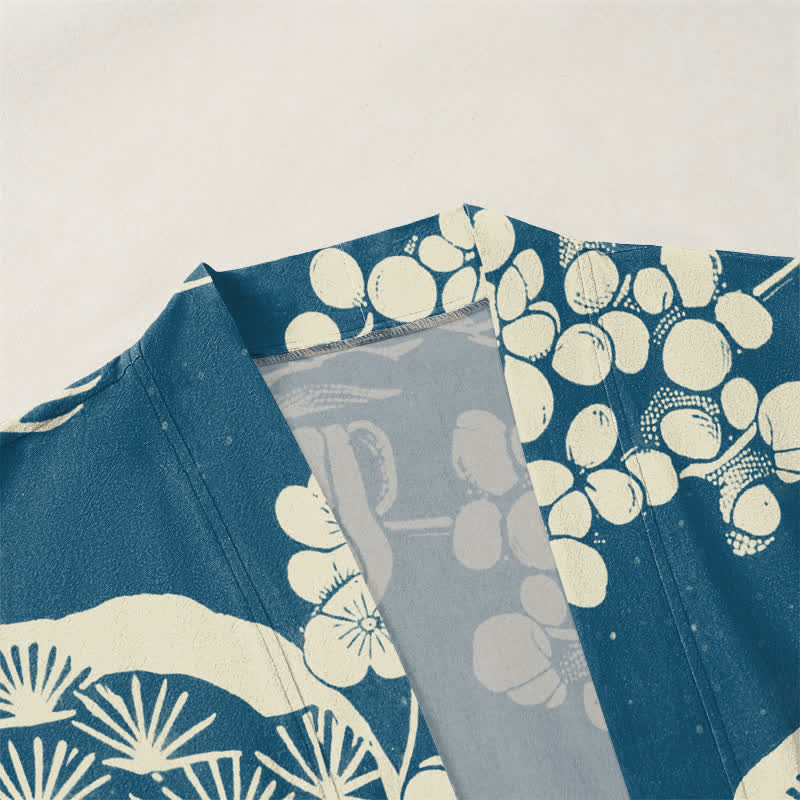 Buddha Stones Męskie kimono z bawełny z wzorem sosny i śliwki z otwartym przodem - image 3