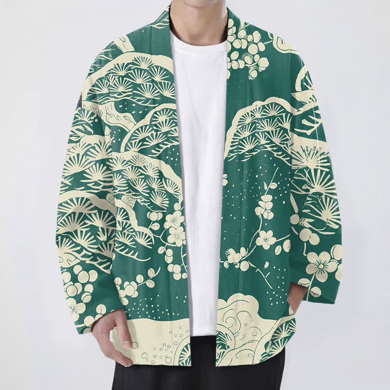 Buddha Stones Męskie kimono z bawełny z wzorem sosny i śliwki z otwartym przodem - SeaGreen - US/UK/AU48， EU58 (4XL) - image 6