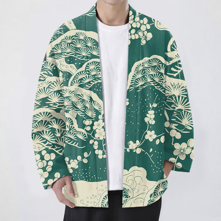 Buddha Stones Męskie kimono z bawełny z wzorem sosny i śliwki z otwartym przodem - SeaGreen - US/UK/AU48， EU58 (4XL) - image 6