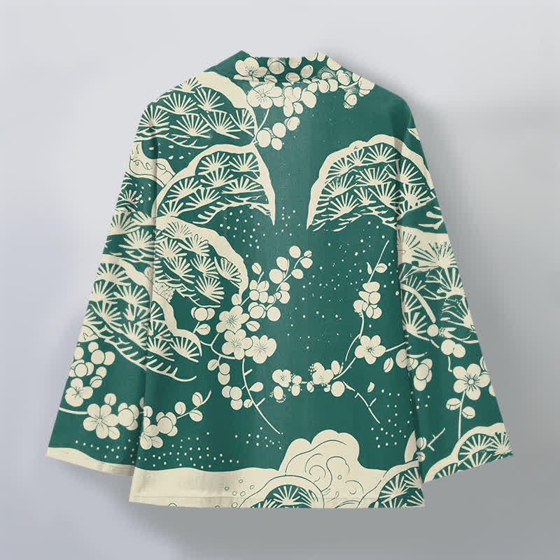 Buddha Stones Męskie kimono z bawełny z wzorem sosny i śliwki z otwartym przodem - image 8