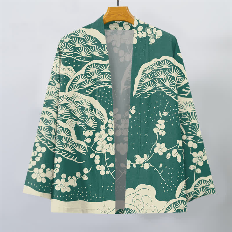 Buddha Stones Męskie kimono z bawełny z wzorem sosny i śliwki z otwartym przodem - image 7