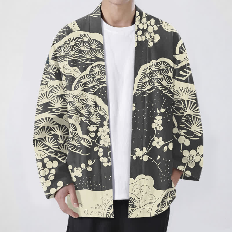 Buddha Stones Męskie kimono z bawełny z wzorem sosny i śliwki z otwartym przodem - Łupkowoszary - US/UK/AU48， EU58 (4XL) - image 9
