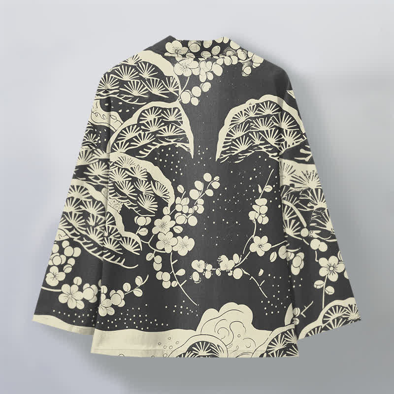 Buddha Stones Męskie kimono z bawełny z wzorem sosny i śliwki z otwartym przodem - image 11