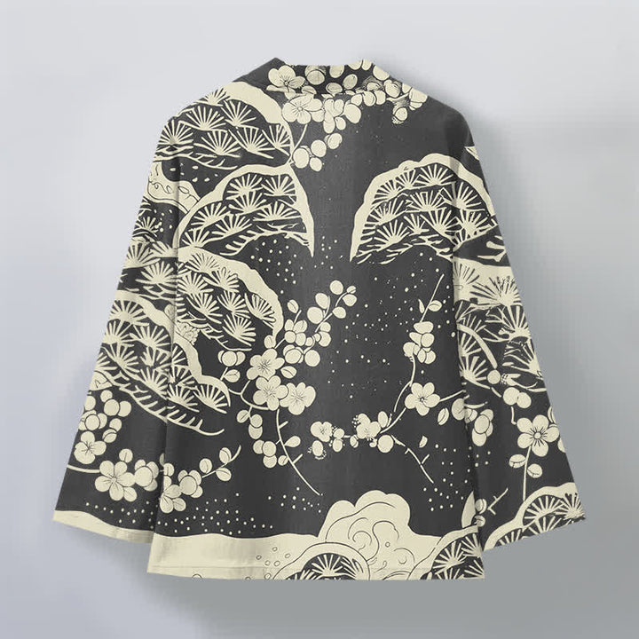 Buddha Stones Męskie kimono z bawełny z wzorem sosny i śliwki z otwartym przodem - image 11