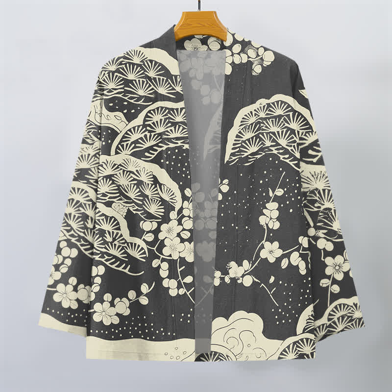 Buddha Stones Męskie kimono z bawełny z wzorem sosny i śliwki z otwartym przodem - image 10