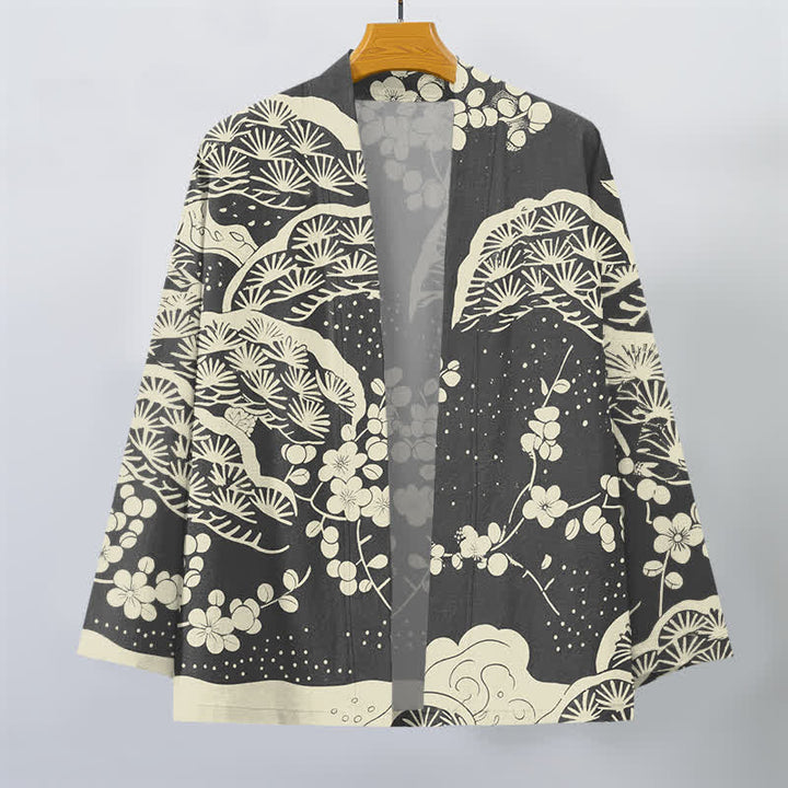 Buddha Stones Męskie kimono z bawełny z wzorem sosny i śliwki z otwartym przodem - image 10