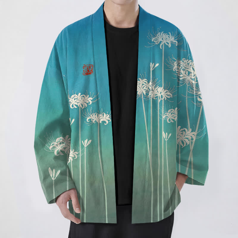 Buddha Stones Bawełniane białe kimono męskie z wzorem pająka i lilii z otwartym przodem - Średnioturkusowy - US/UK/AU48， EU58 (4XL) - image 0