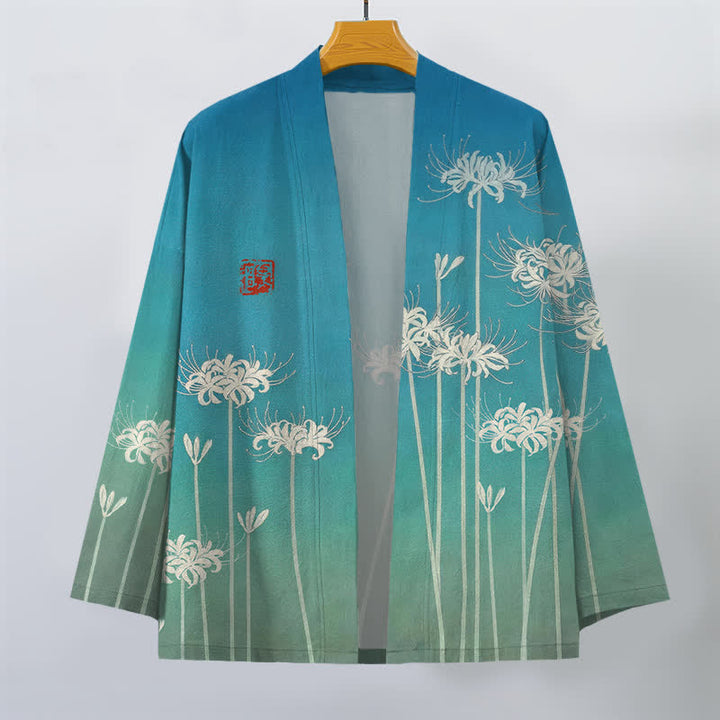 Buddha Stones Bawełniane białe kimono męskie z wzorem pająka i lilii z otwartym przodem - image 1