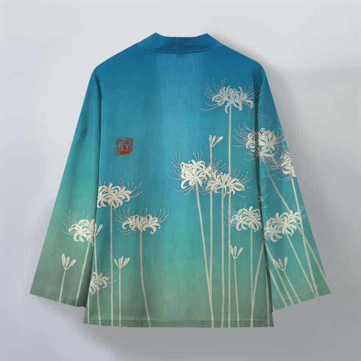 Buddha Stones Bawełniane białe kimono męskie z wzorem pająka i lilii z otwartym przodem - image 2