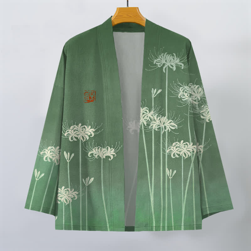 Buddha Stones Bawełniane białe kimono męskie z wzorem pająka i lilii z otwartym przodem - image 7