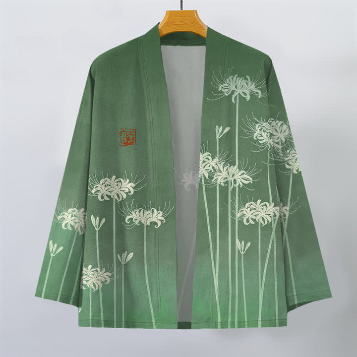Buddha Stones Bawełniane białe kimono męskie z wzorem pająka i lilii z otwartym przodem - image 7