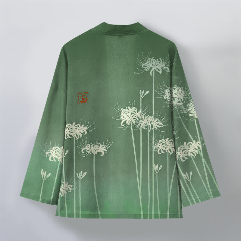 Buddha Stones Bawełniane białe kimono męskie z wzorem pająka i lilii z otwartym przodem - image 8