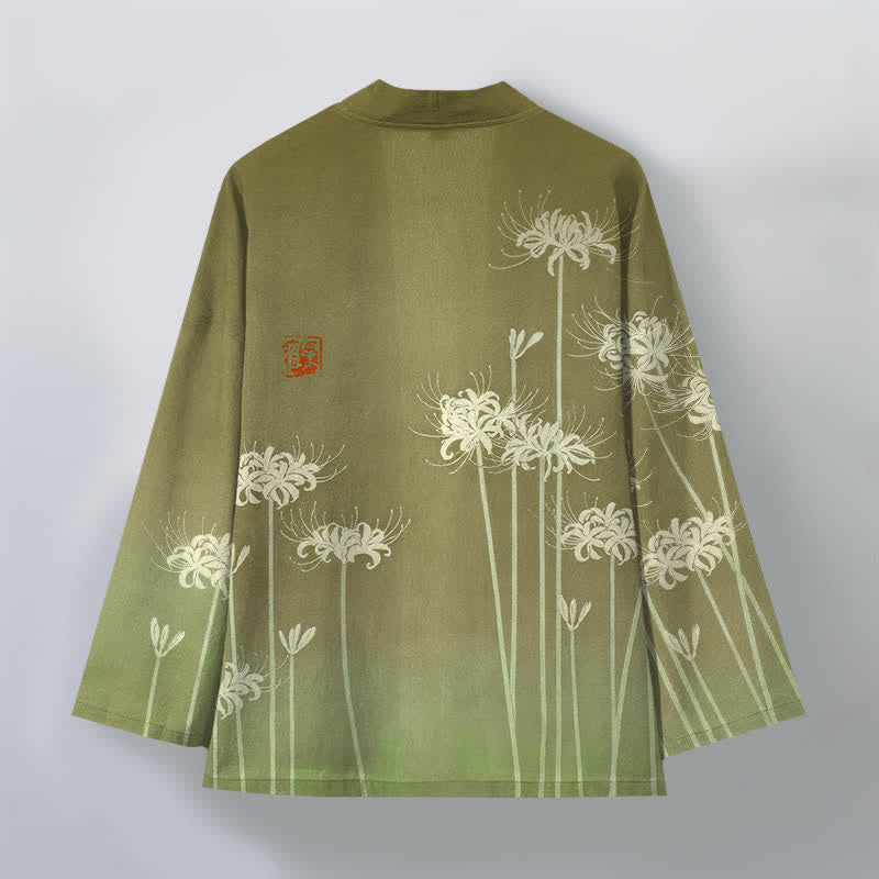 Buddha Stones Bawełniane białe kimono męskie z wzorem pająka i lilii z otwartym przodem - image 11