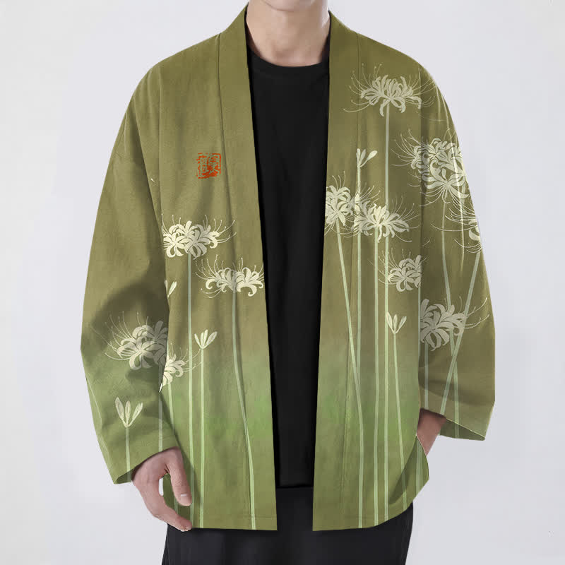 Buddha Stones Bawełniane białe kimono męskie z wzorem pająka i lilii z otwartym przodem - Oliwka - US/UK/AU48， EU58 (4XL) - image 9