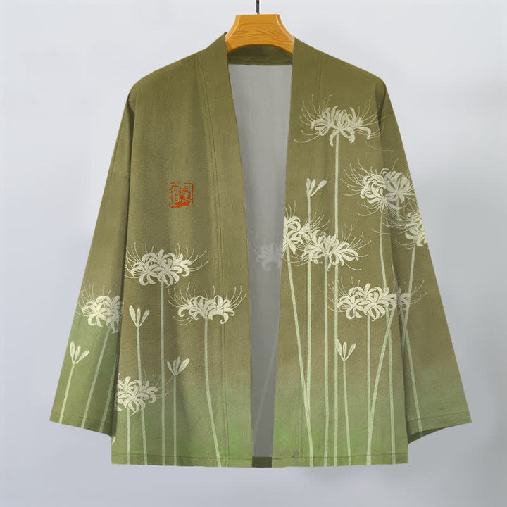 Buddha Stones Bawełniane białe kimono męskie z wzorem pająka i lilii z otwartym przodem - image 10