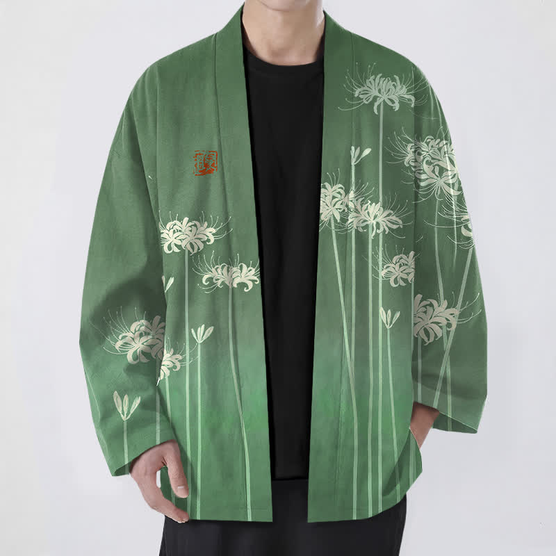 Buddha Stones Bawełniane białe kimono męskie z wzorem pająka i lilii z otwartym przodem - ForestGreen - US/UK/AU48， EU58 (4XL) - image 6