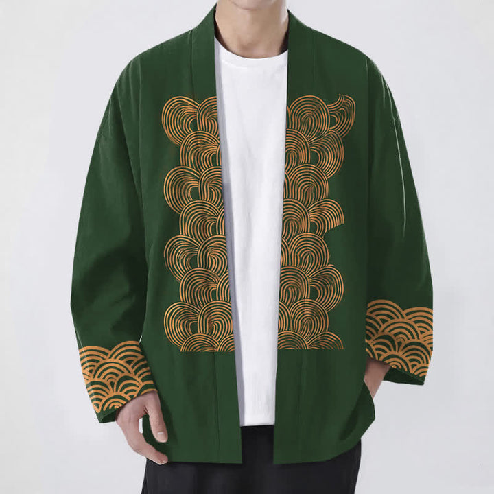 Buddha Stones Męskie kimono z bawełny z odkrytym przodem i wzorem w kształcie półksiężyca - Ciemnozielony - US/UK/AU48， EU58 (4XL) - image 9