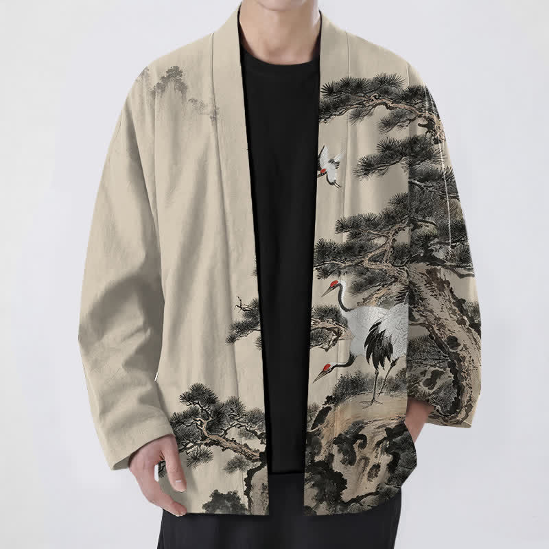 Buddha Stones Męskie kimono z bawełny z nadrukiem w kolorze żurawia i otwartym przodem - Beżowy - US/UK/AU48， EU58 (4XL) - image 0