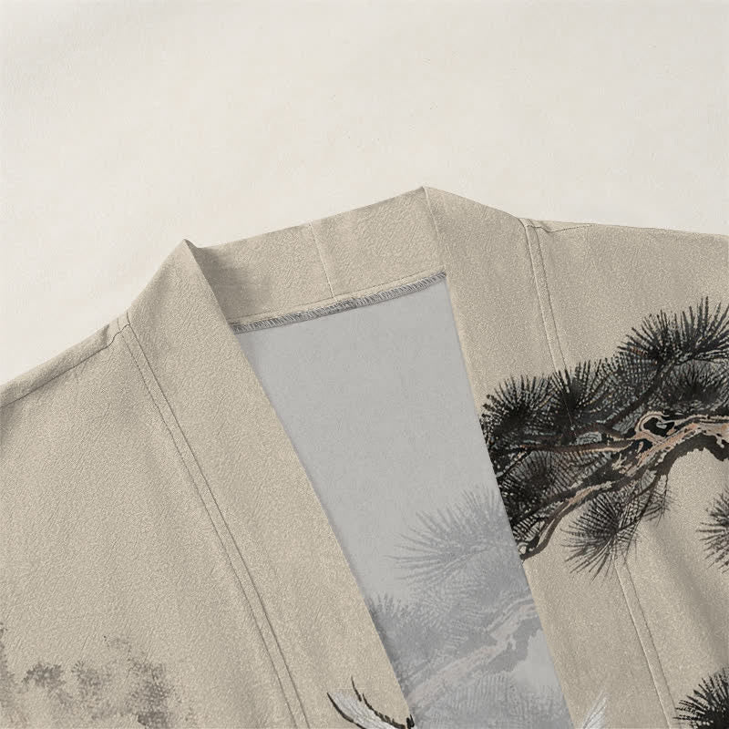 Buddha Stones Męskie kimono z bawełny z nadrukiem w kolorze żurawia i otwartym przodem - image 3