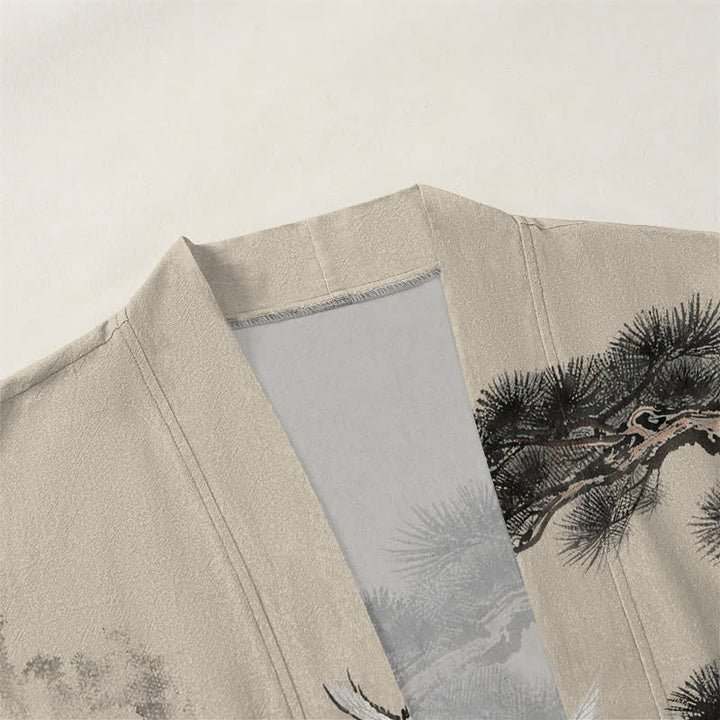 Buddha Stones Męskie kimono z bawełny z nadrukiem w kolorze żurawia i otwartym przodem - image 3