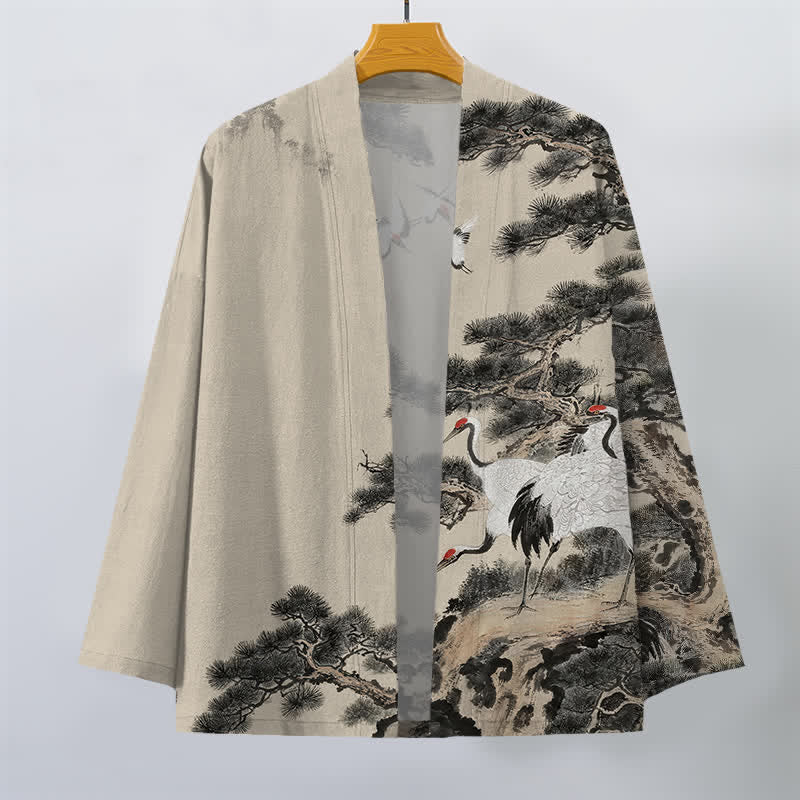 Buddha Stones Męskie kimono z bawełny z nadrukiem w kolorze żurawia i otwartym przodem - image 1